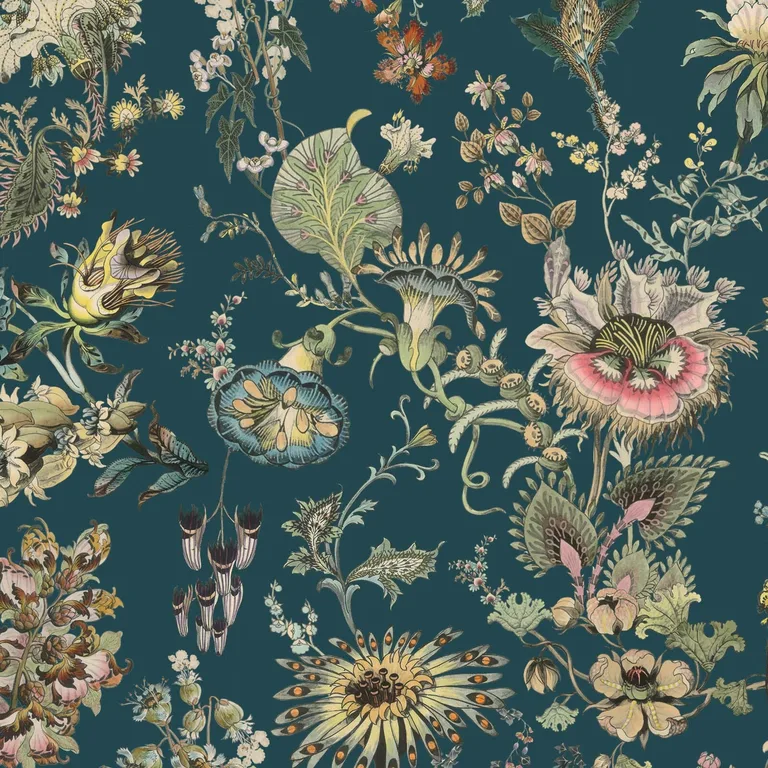 House of Hackney Flora Fantasia wallpaper in Cerulean, blooms and foliage in cerulean