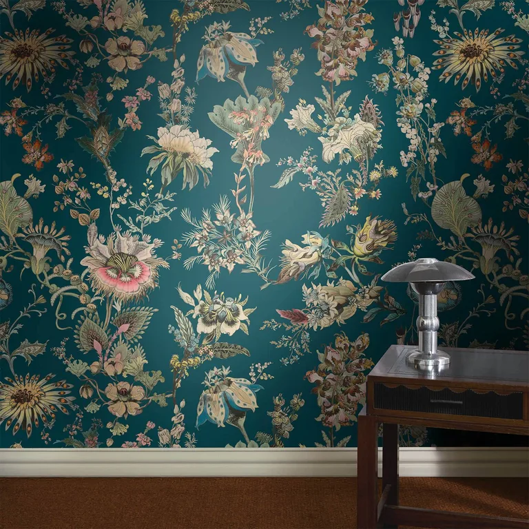 House of Hackney Flora Fantasia wallpaper in Cerulean, blooms and foliage in cerulean