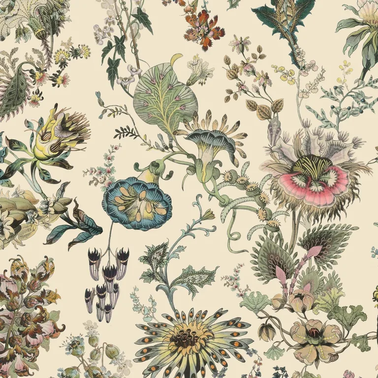 House of Hackney Flora Fantasia wallpaper in Ecru, blooms and foliage in ecru