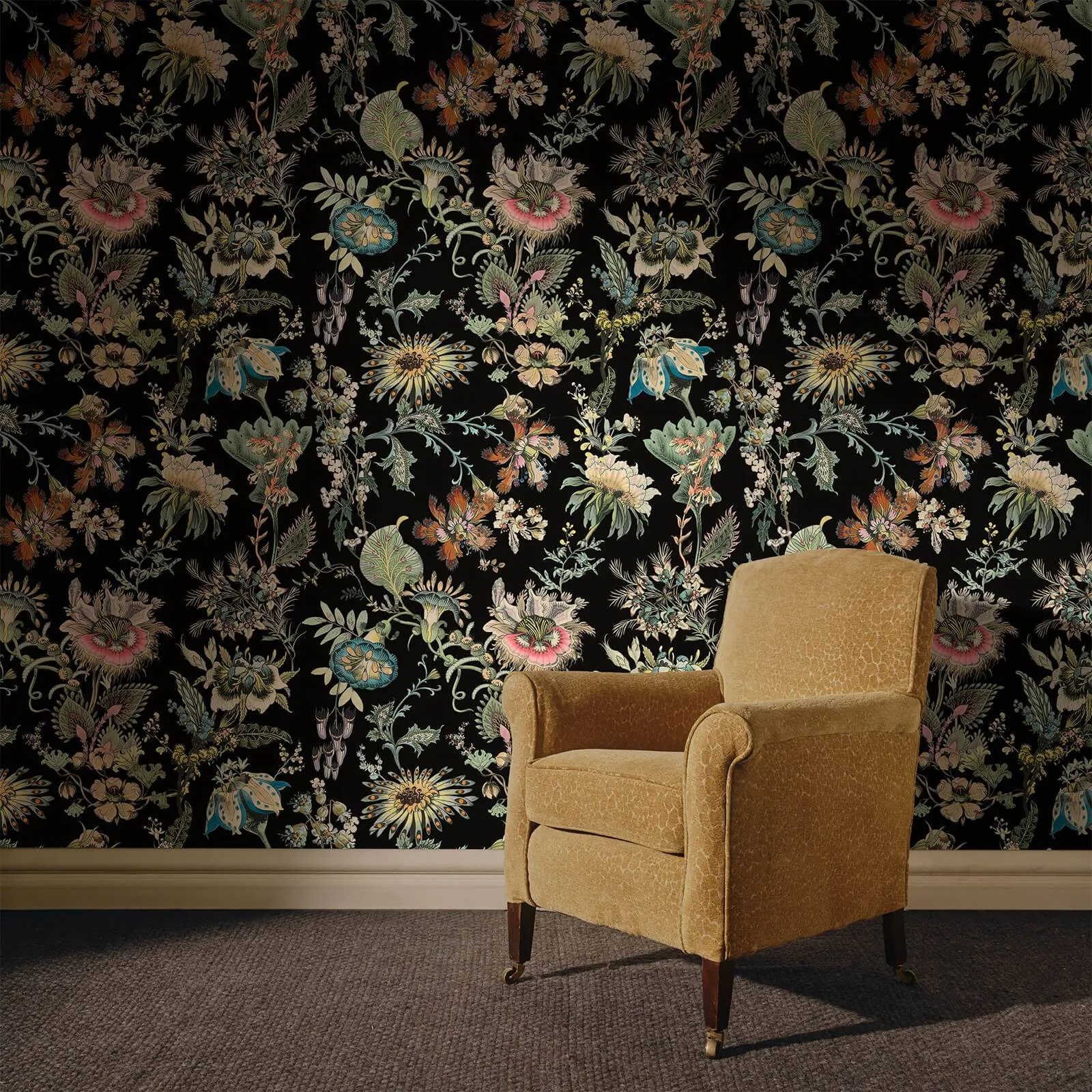 House of Hackney Flora Fantasia wallpaper in Noir, blooms and foliage in noir