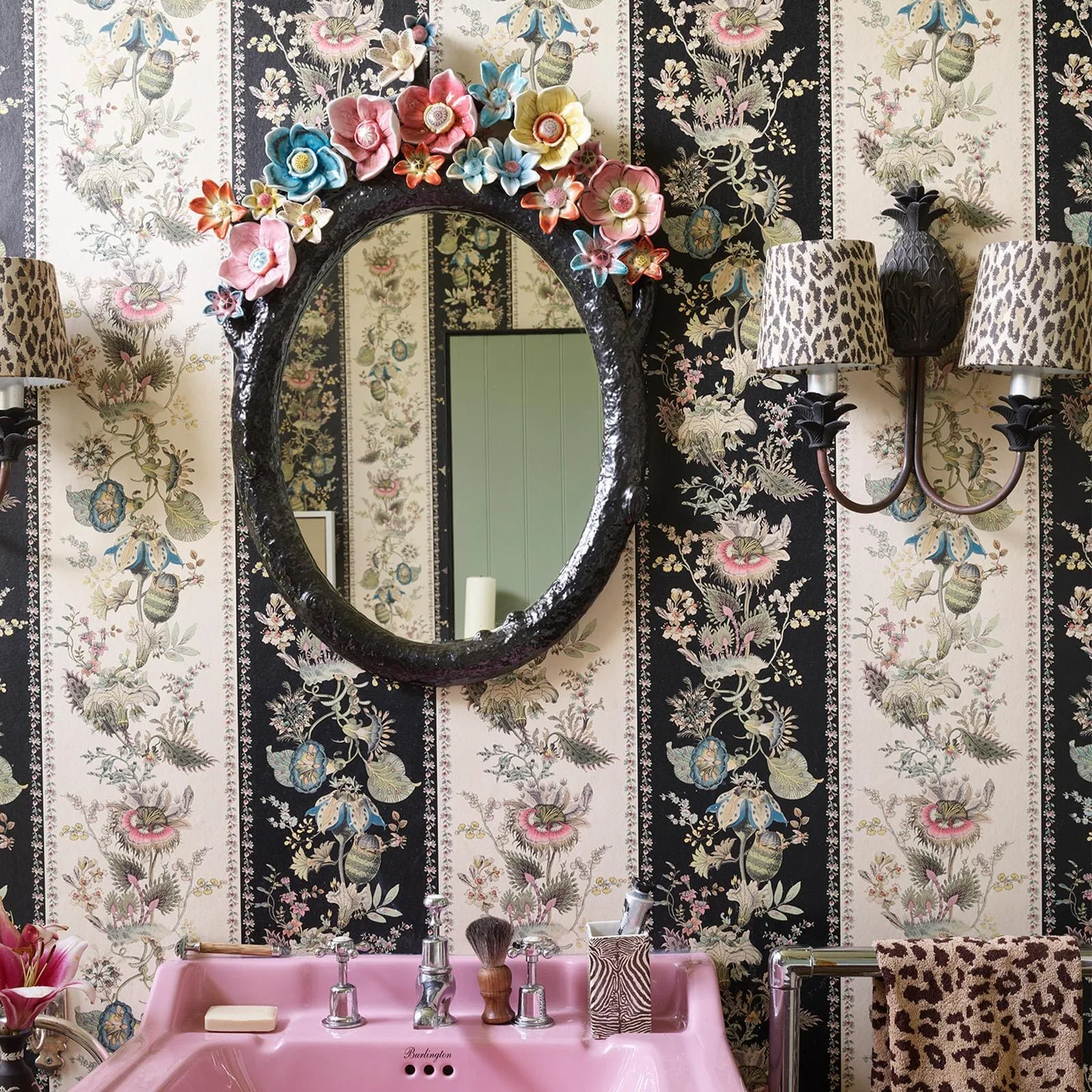 House of Hackney Flora Fantasia wallpaper in Stripe, blooms and foliage in stripe