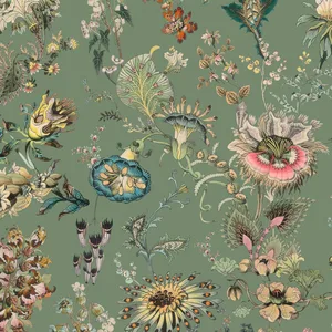 House of Hackney Flora Fantasia wallpaper in Verdigris, blooms and foliage in verdigris