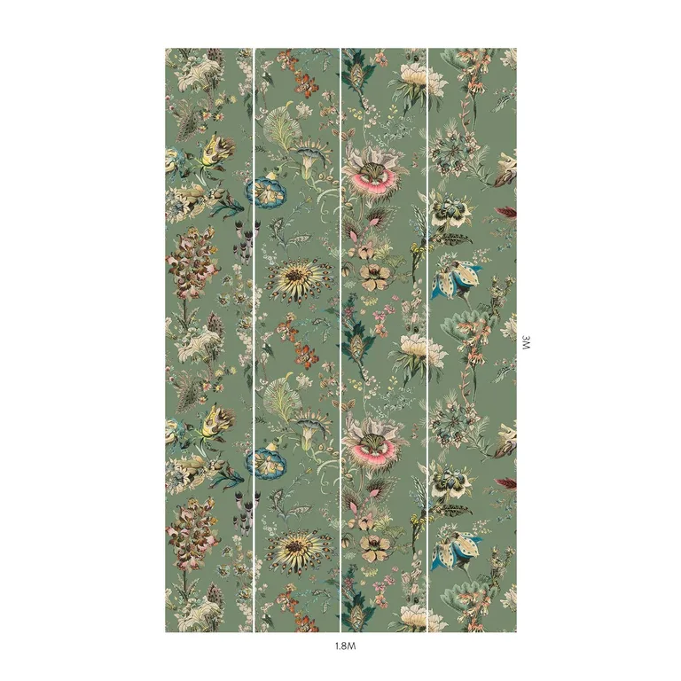 House of Hackney Flora Fantasia wallpaper in Verdigris, blooms and foliage in verdigris