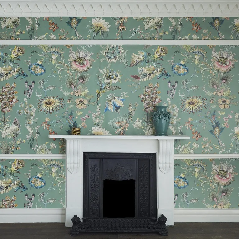 House of Hackney Flora Fantasia wallpaper in Verdigris, blooms and foliage in verdigris