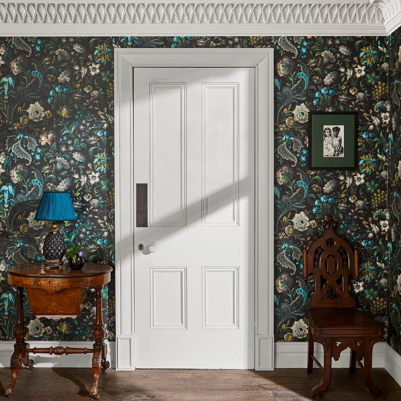 House of Hackney Florika wallpaper in Onyx, foliage and ornamental scrolls in onyx