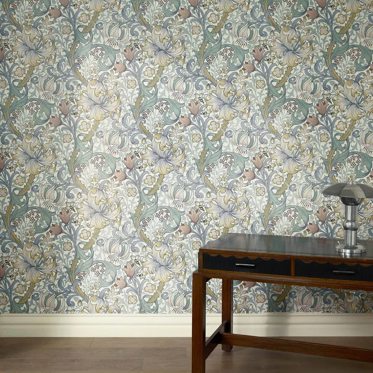 House of Hackney Golden Lily wallpaper in Moonstone, blooms and foliage in moonstone