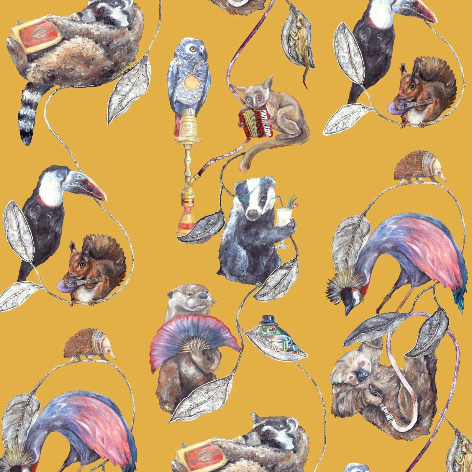 House of Hackney Hackney Empire wallpaper in Ochre, animal markings and trees in ochre