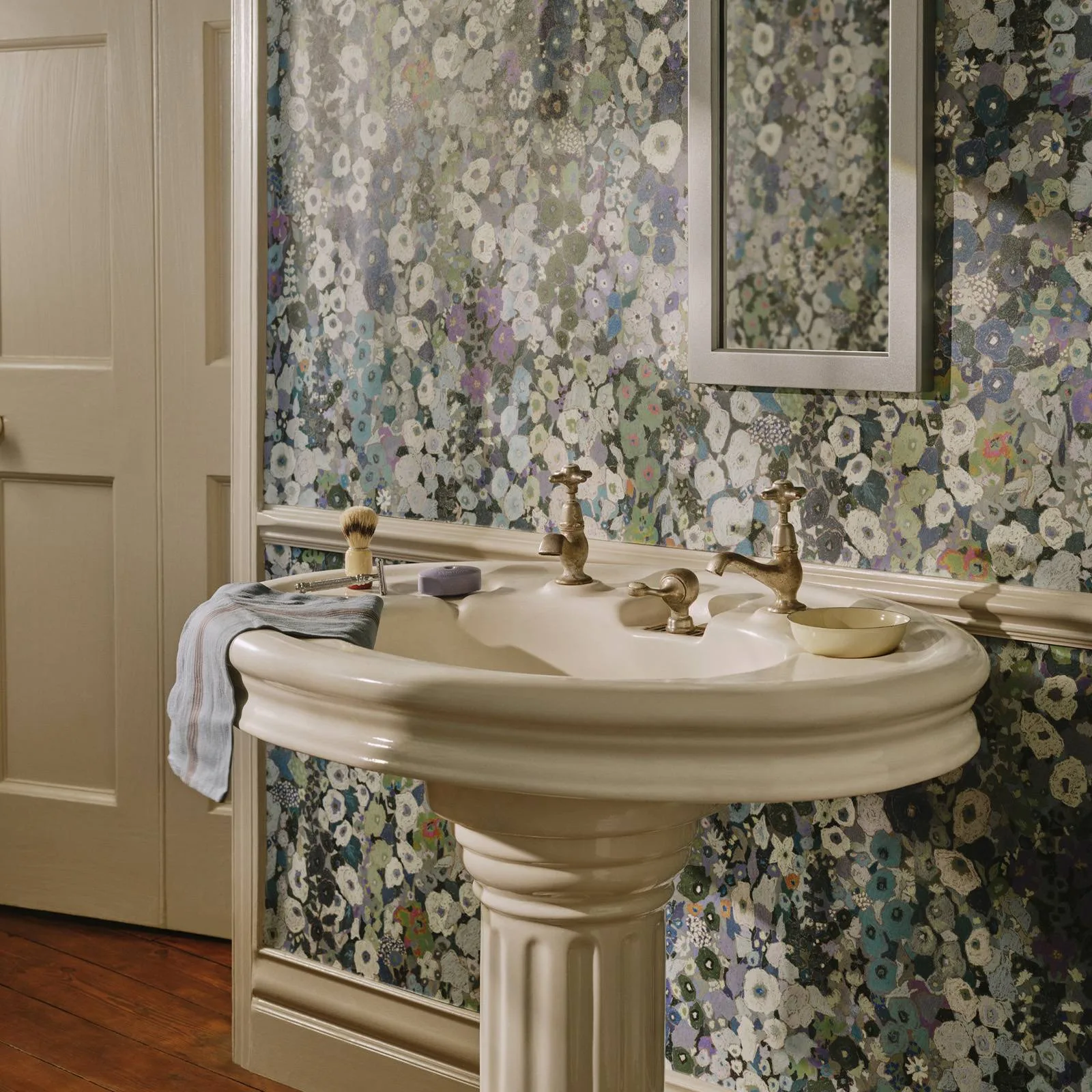 House of Hackney Hollyhocks Wallpaper in Dew House of Hackney Hollyhocks wallpaper in Dew, blooms and foliage in dew