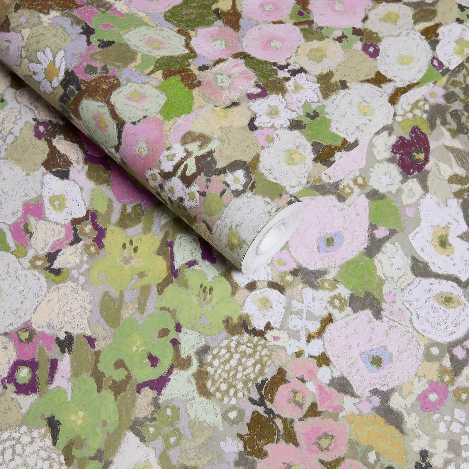 House of Hackney Hollyhocks Wallpaper in Meadow House of Hackney Hollyhocks wallpaper in Meadow, blooms and foliage in meadow
