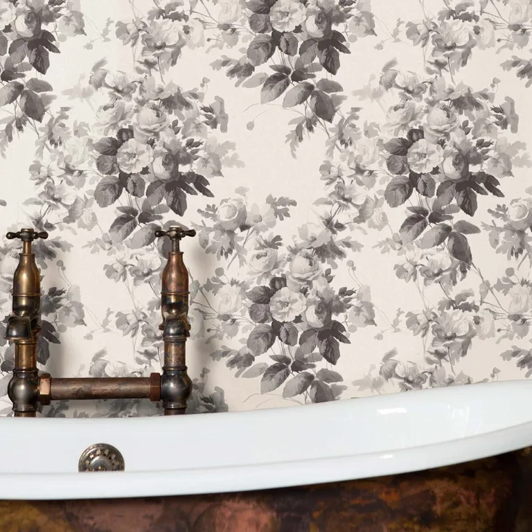 House of Hackney London Rose wallpaper in Smoke Grey, blooms and foliage in grey
