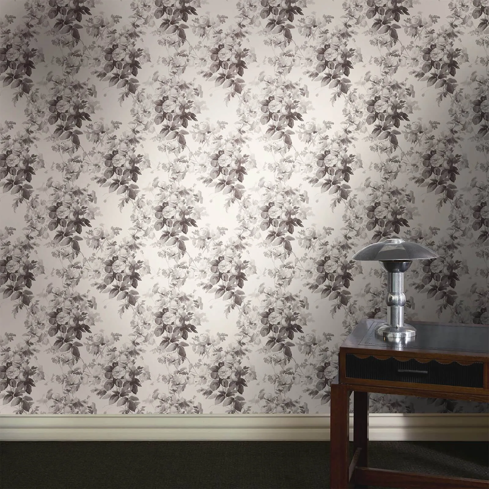 House of Hackney London Rose wallpaper in Smoke Grey, blooms and foliage in grey
