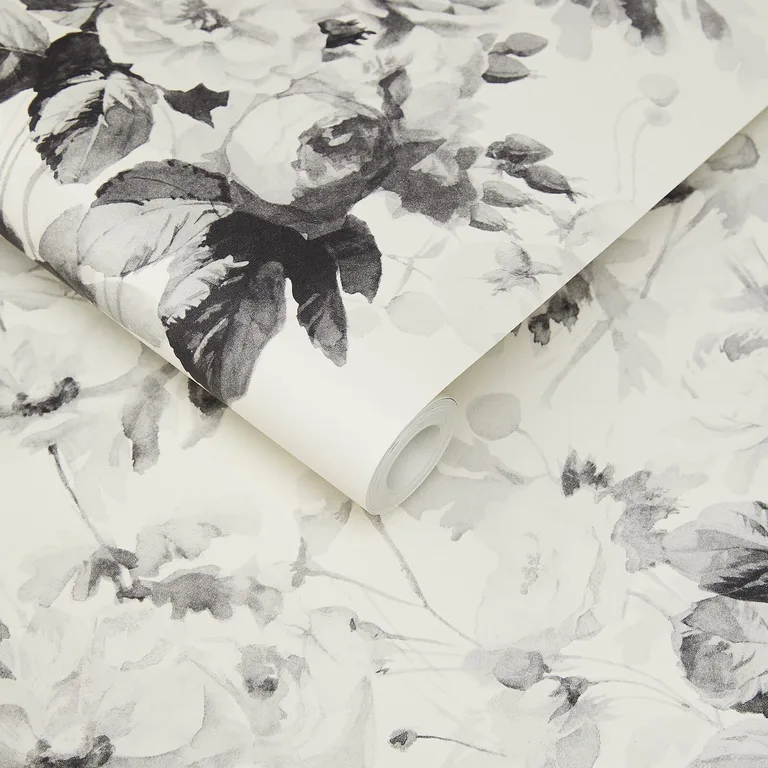 House of Hackney London Rose wallpaper in Smoke Grey, blooms and foliage in grey