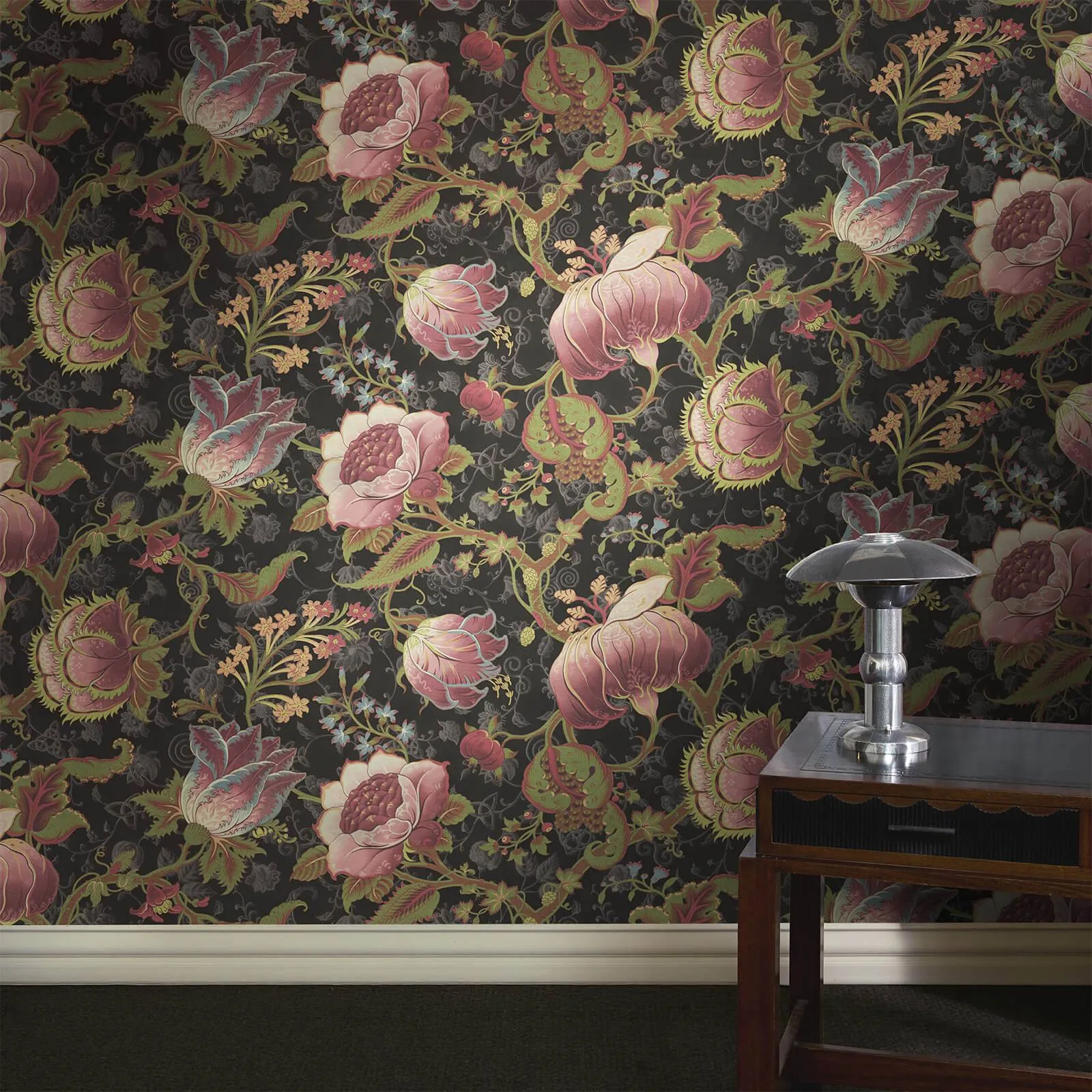House of Hackney Meliora wallpaper in Noir, blooms and foliage in noir