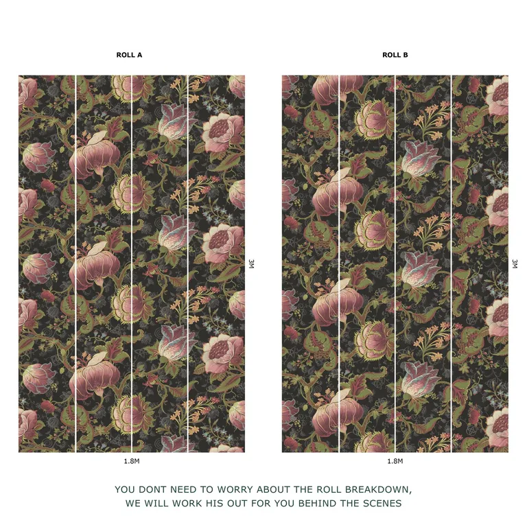 House of Hackney Meliora wallpaper in Noir, blooms and foliage in noir