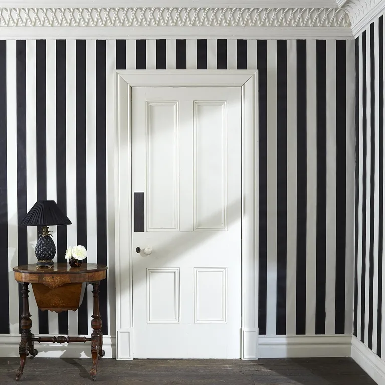 House of Hackney Mono Stripe wallpaper in Off-black / Oyster, stripes and geometric forms in black