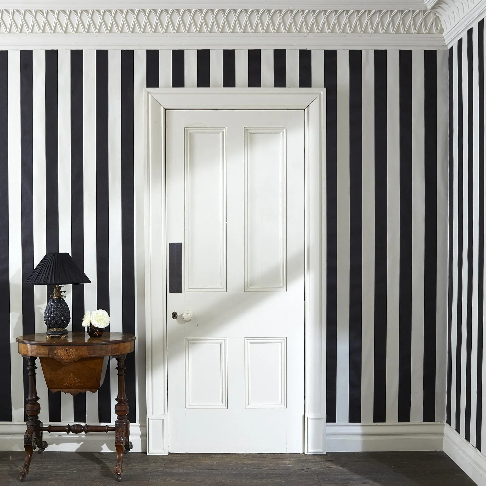House of Hackney Mono Stripe wallpaper in Off-black / Oyster, stripes and geometric forms in black