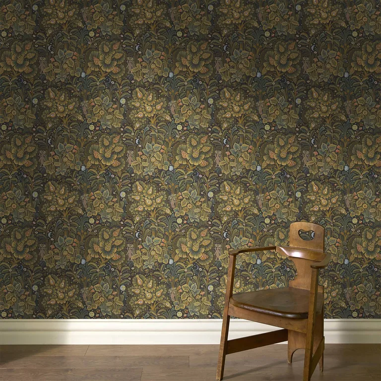 House of Hackney Moon Garden wallpaper in Midnight, foliage and geometric forms in midnight