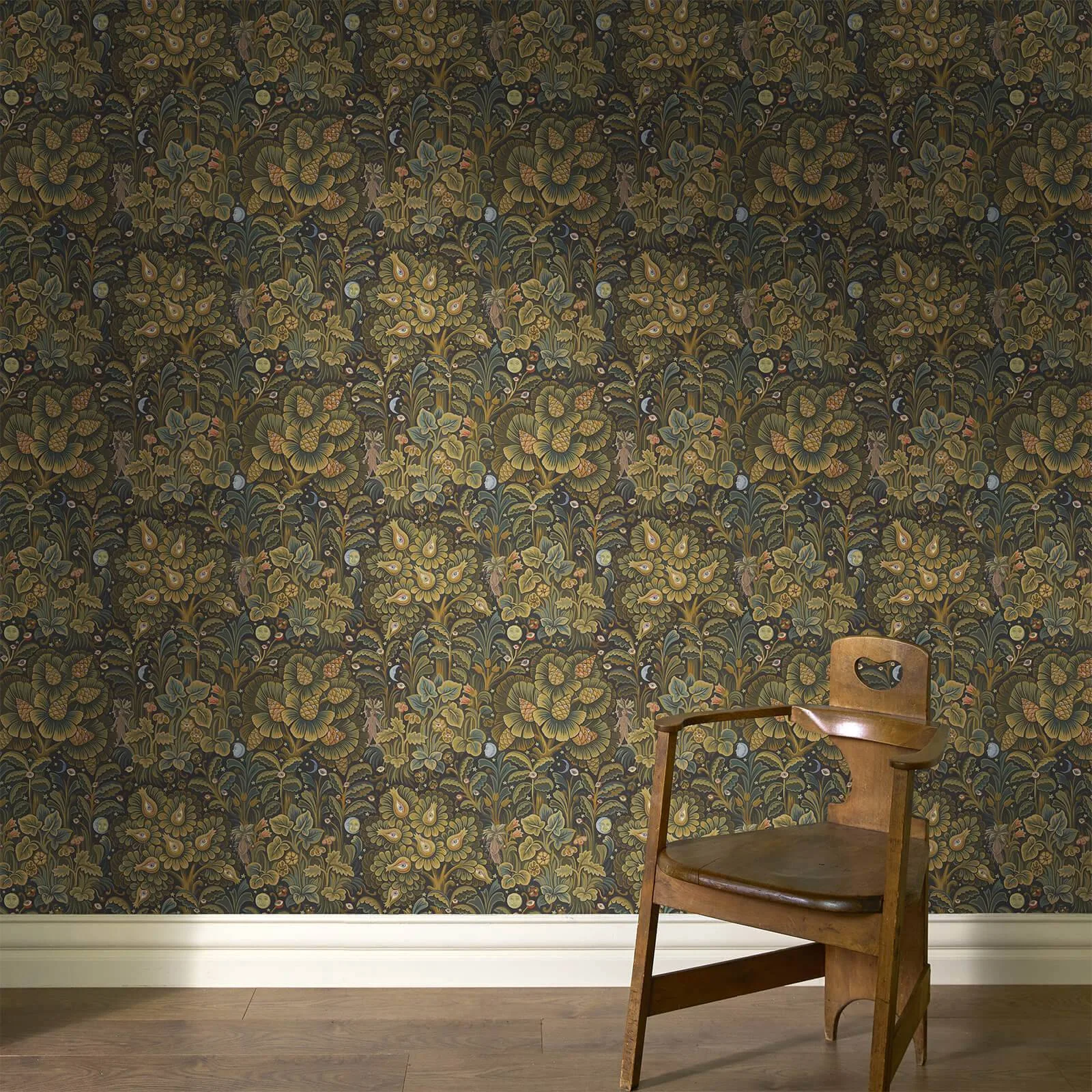 House of Hackney Moon Garden wallpaper in Midnight, foliage and geometric forms in midnight