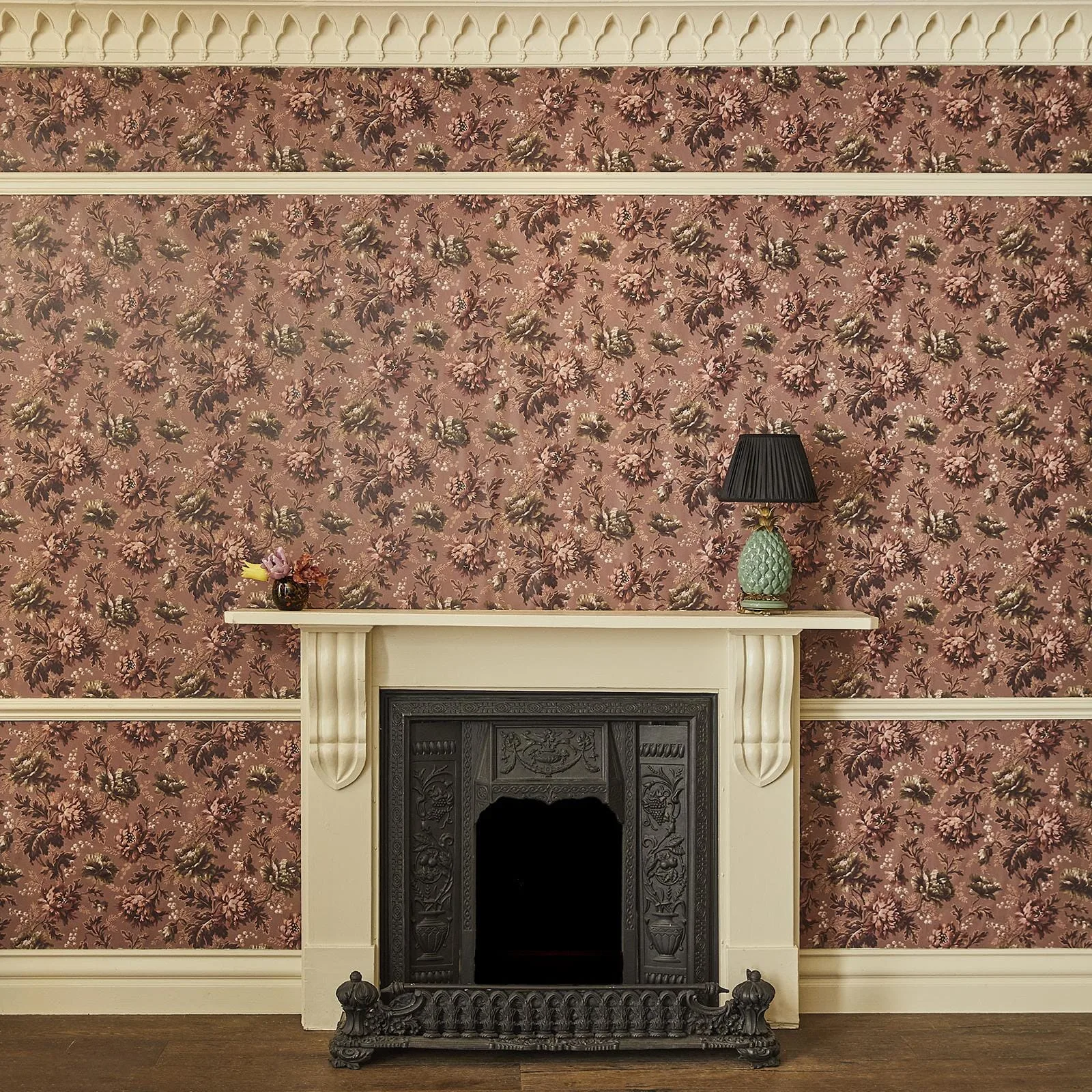 House of Hackney Opia wallpaper in Old Rose, blooms and foliage in rose