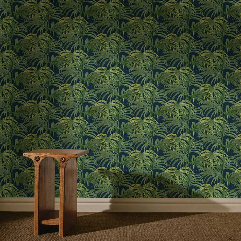 House of Hackney Palmeral wallpaper in Midnight & Green, foliage and geometric forms in green
