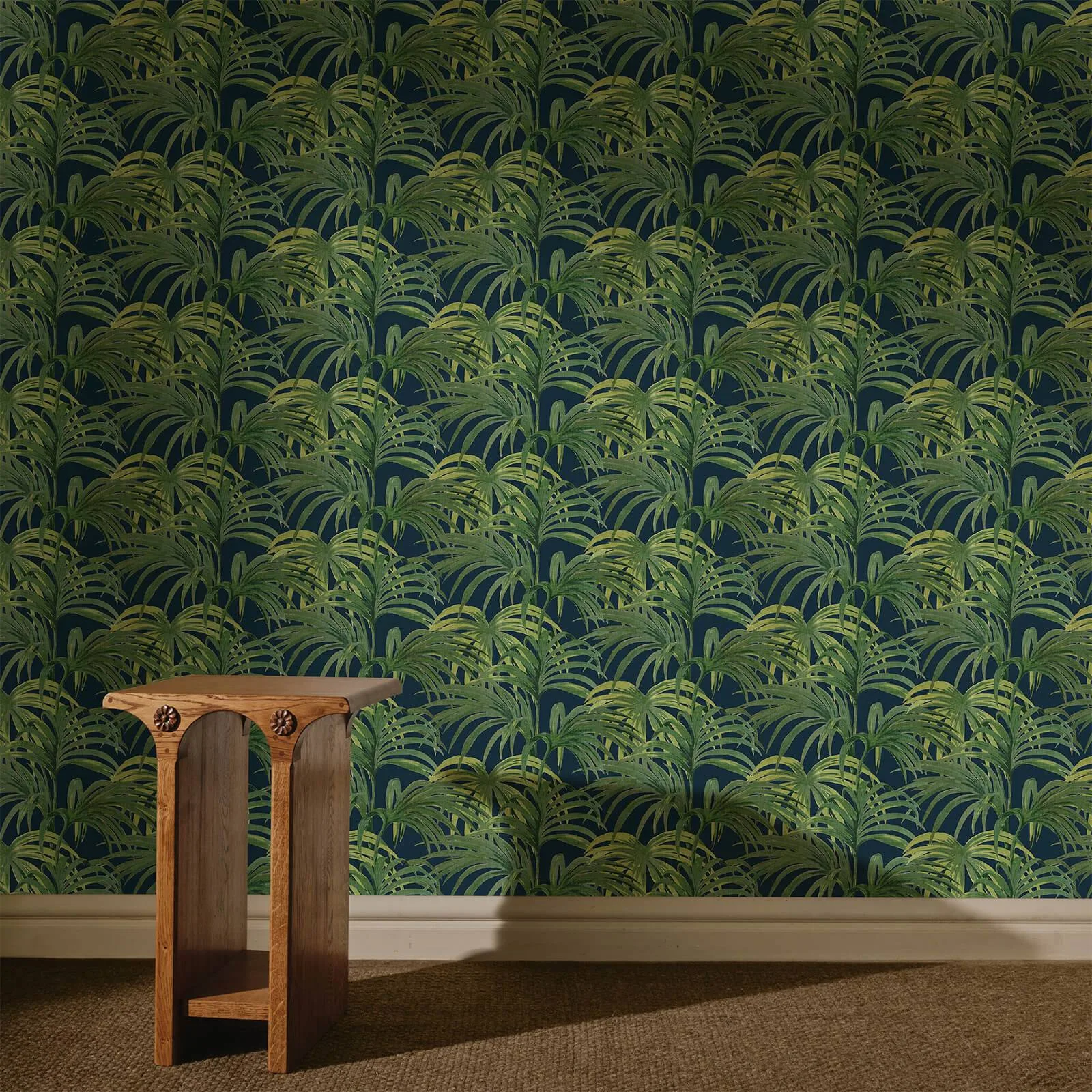 House of Hackney Palmeral wallpaper in Midnight & Green, foliage and geometric forms in green