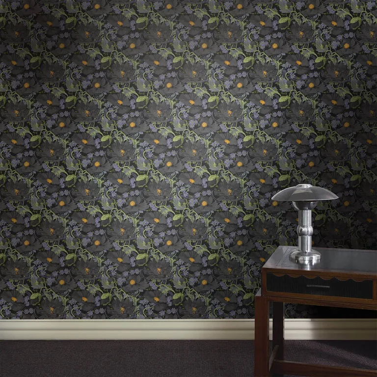 House of Hackney Papavera wallpaper in Noir, blooms and foliage in noir