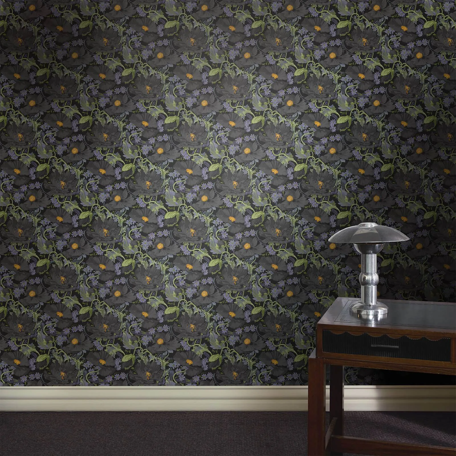 House of Hackney Papavera wallpaper in Noir, blooms and foliage in noir