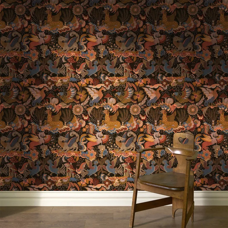 House of Hackney Phantasia wallpaper in Selenite Orange, blooms and animal markings in selenite orange