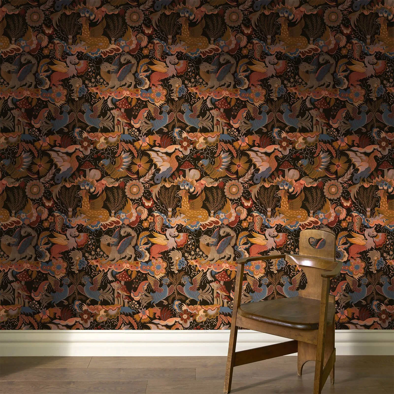 House of Hackney Phantasia wallpaper in Selenite Orange, blooms and animal markings in selenite orange