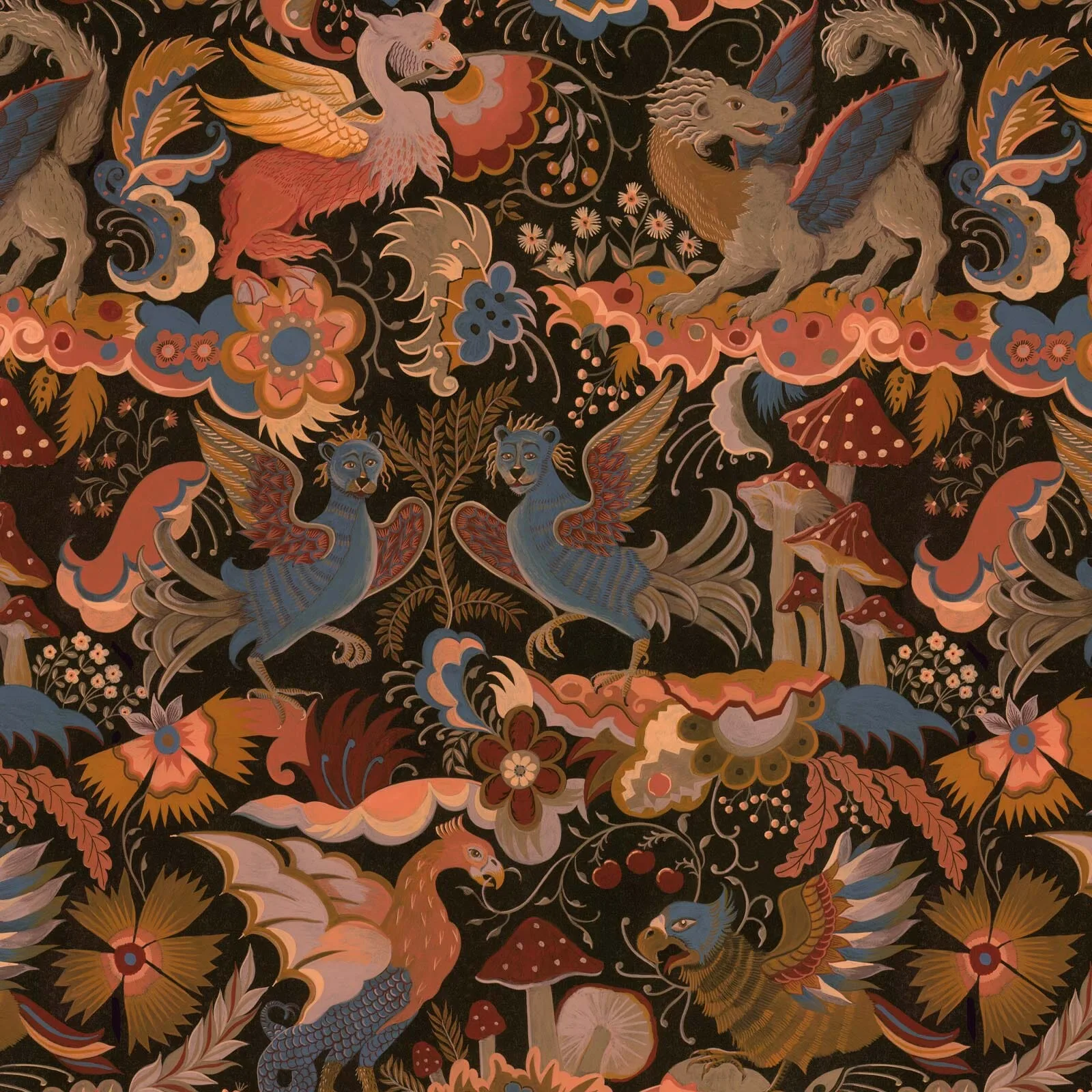 House of Hackney Phantasia wallpaper in Selenite Orange, blooms and animal markings in selenite orange