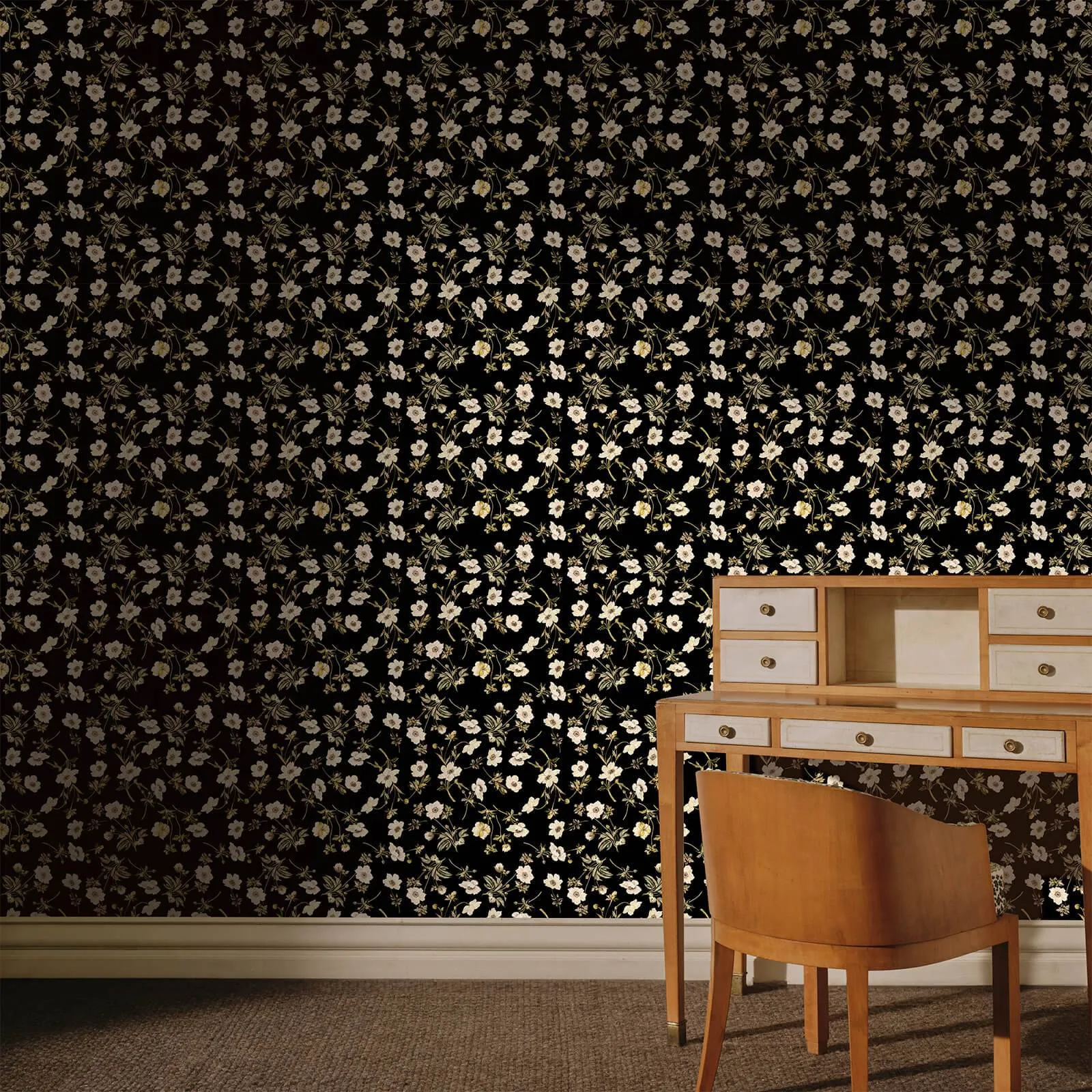 House of Hackney Poppium wallpaper in Black, blooms and foliage in black