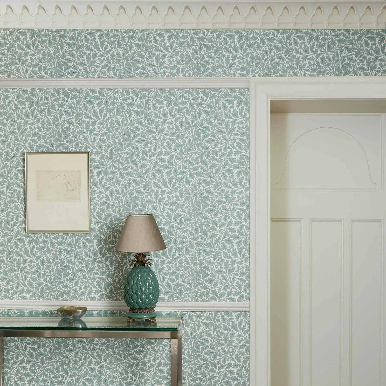 House of Hackney Quercus wallpaper in Moonstone, foliage and geometric forms in moonstone