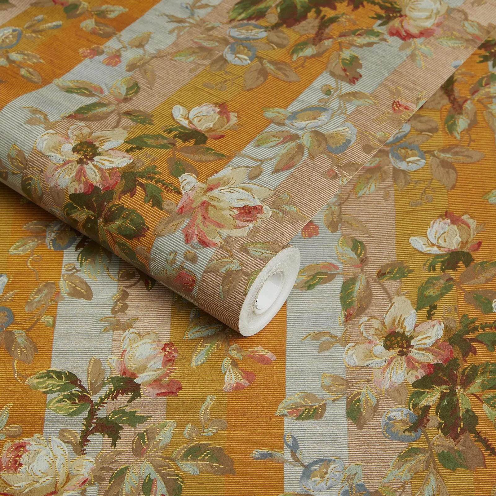 House of Hackney Rainbow Rose wallpaper in Dusk Stripe, blooms and foliage in dusk stripe