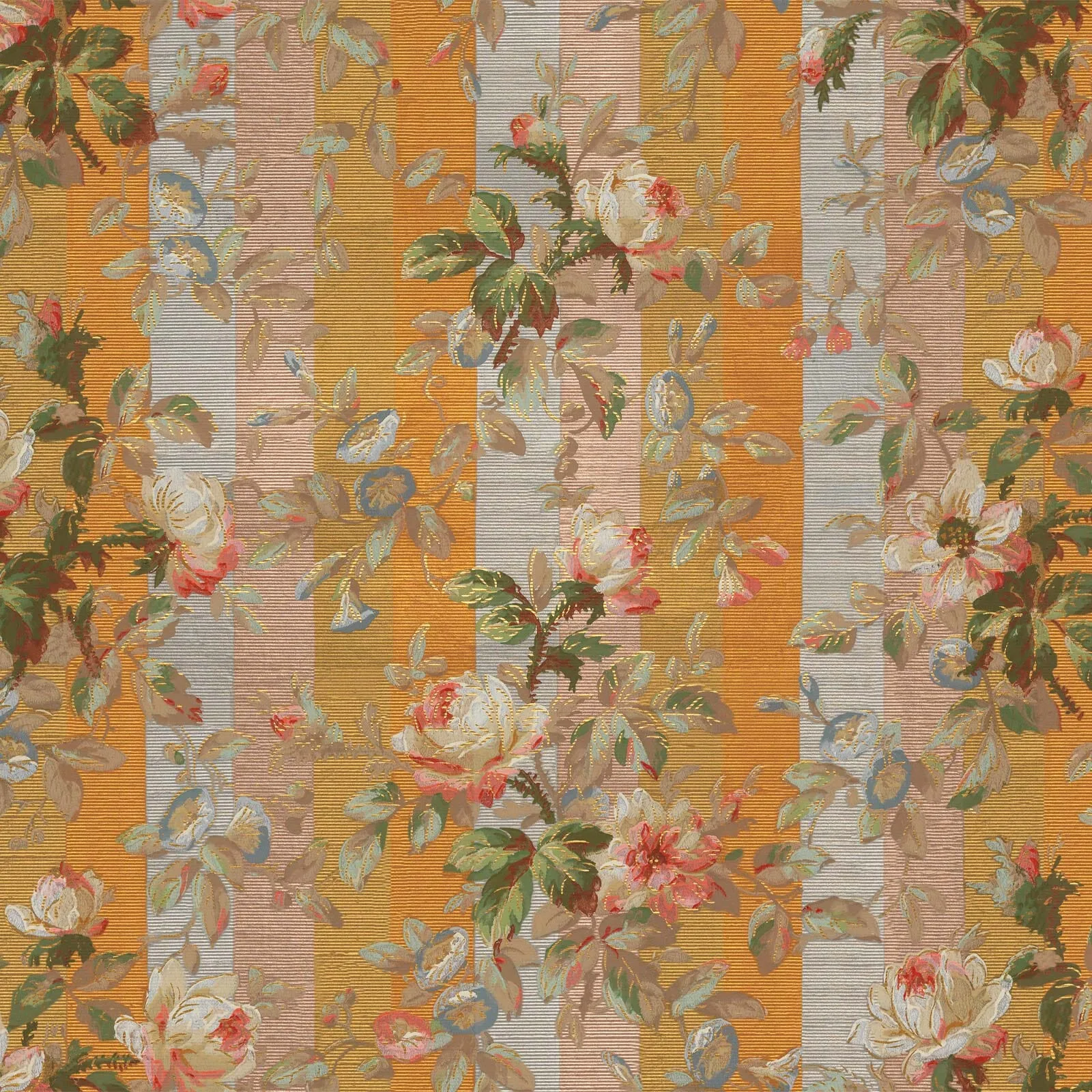 House of Hackney Rainbow Rose wallpaper in Dusk Stripe, blooms and foliage in dusk stripe