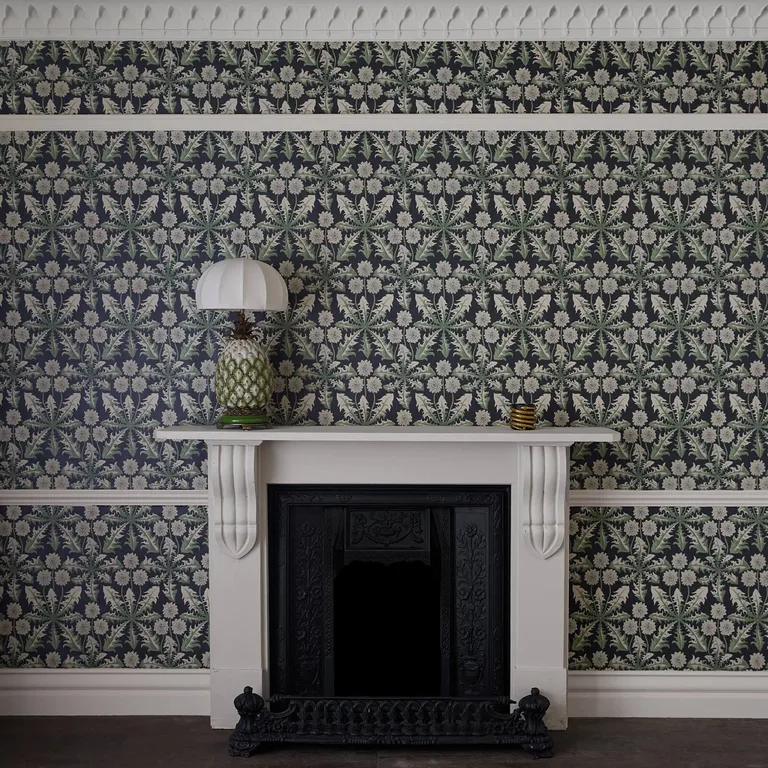 House of Hackney Taraxa wallpaper in Noir, blooms and foliage in noir