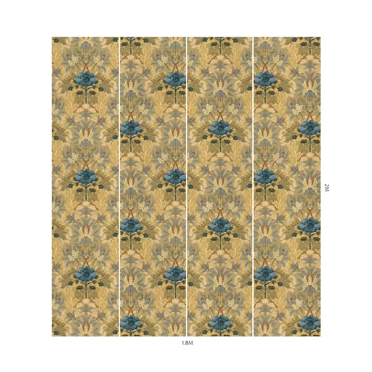 House of Hackney The Blue Rose Weeping wallpaper in Aurelian, blooms and ornamental scrolls in aurelian