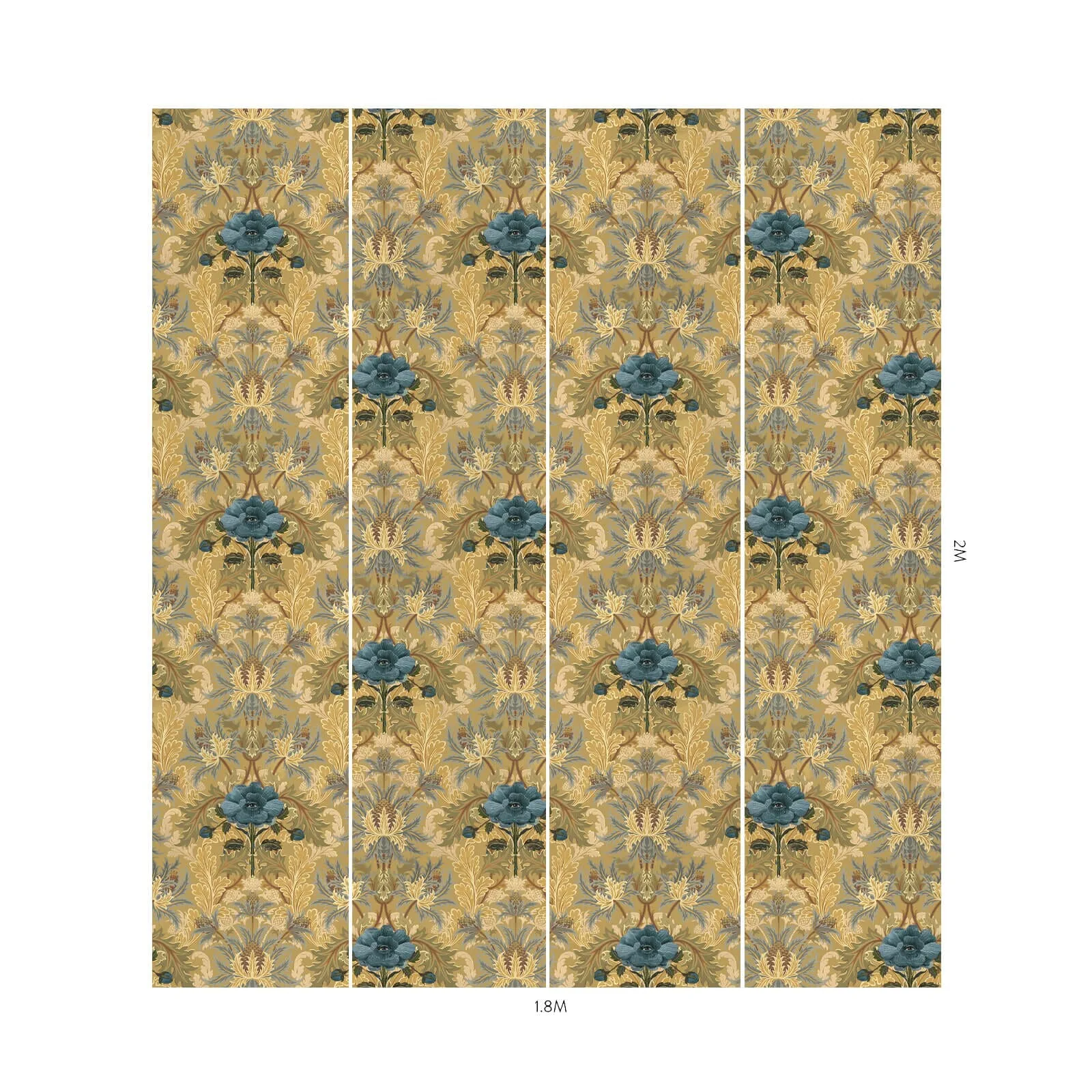 House of Hackney The Blue Rose Weeping Wallpaper in Aurelian House of Hackney The Blue Rose Weeping wallpaper in Aurelian, blooms and ornamental scrolls in aurelian