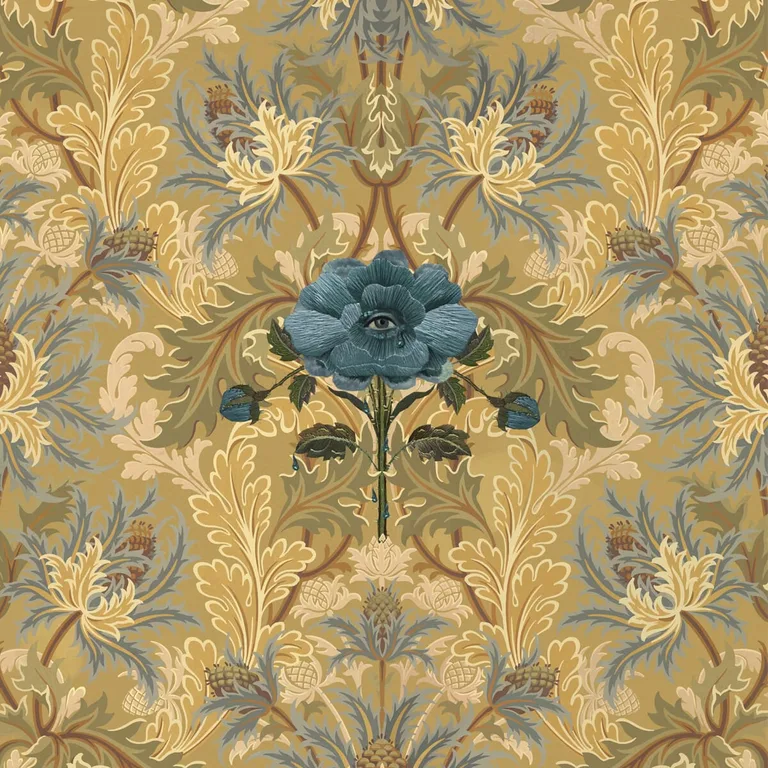 House of Hackney The Blue Rose Weeping wallpaper in Aurelian, blooms and ornamental scrolls in aurelian