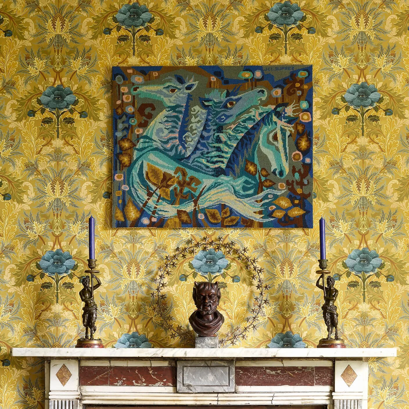 House of Hackney The Blue Rose Weeping Wallpaper in Aurelian House of Hackney The Blue Rose Weeping wallpaper in Aurelian, blooms and ornamental scrolls in aurelian