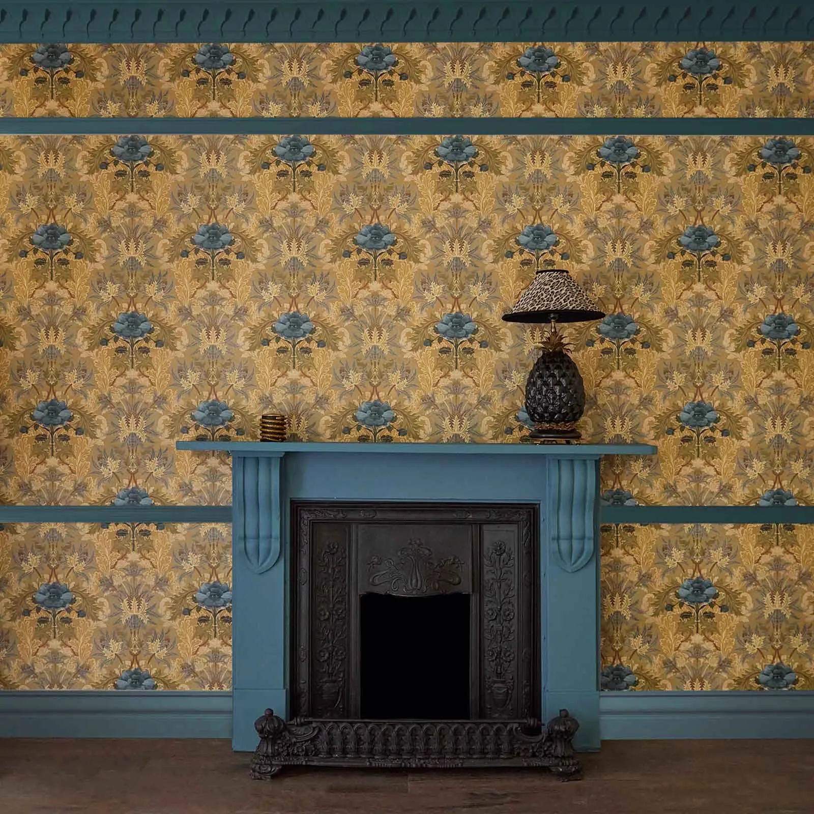 House of Hackney The Blue Rose Weeping wallpaper in Aurelian, blooms and ornamental scrolls in aurelian