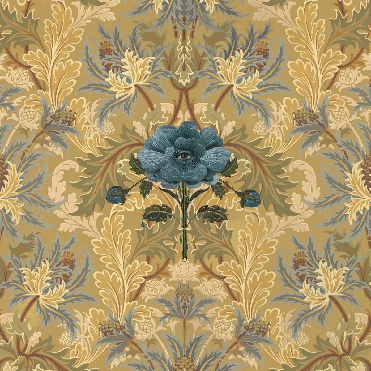 House of Hackney The Blue Rose Weeping wallpaper in Aurelian, blooms and ornamental scrolls in aurelian