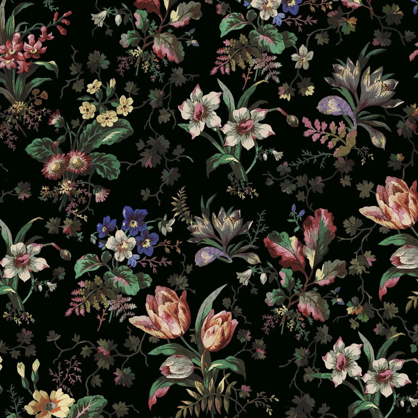 House of Hackney Tulipa wallpaper in Onyx, blooms and foliage in onyx