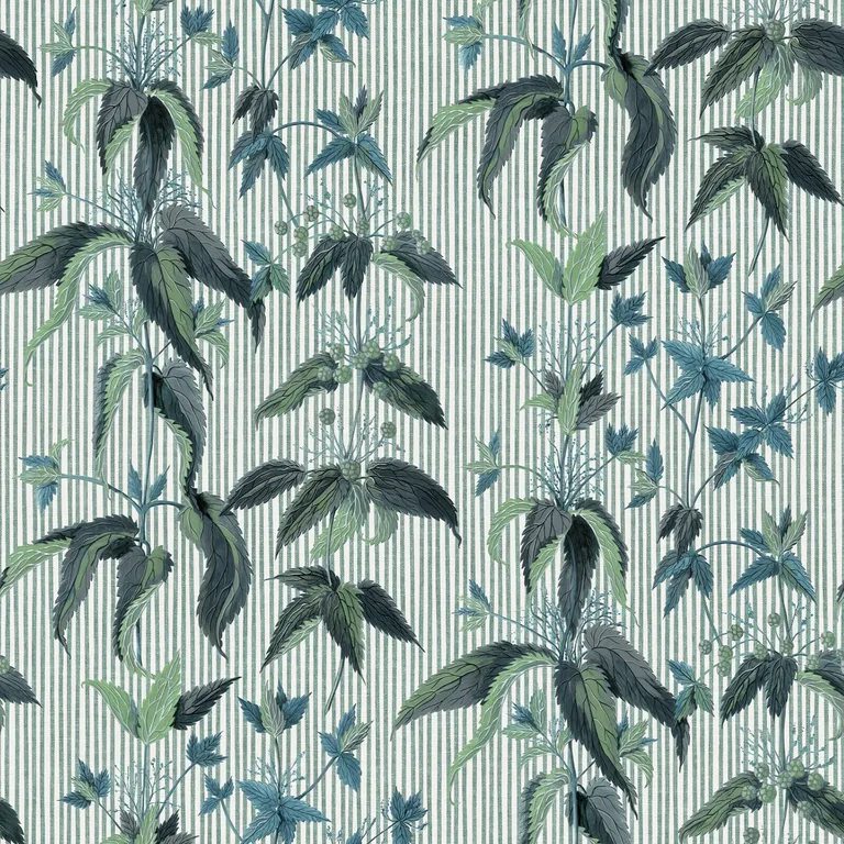 House of Hackney Urtica wallpaper in Myrtle Stripe, foliage and stripes in myrtle stripe