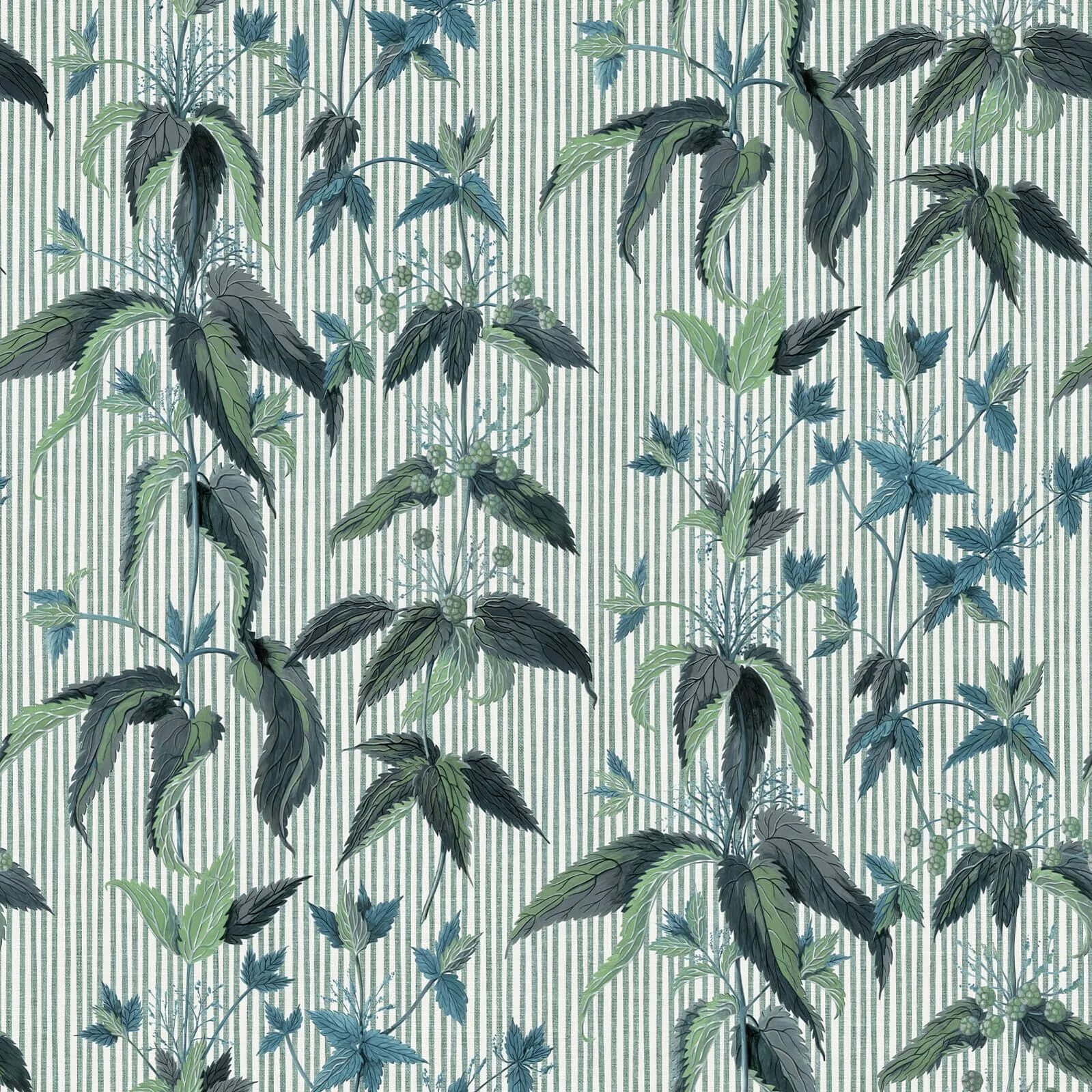 House of Hackney Urtica wallpaper in Myrtle Stripe, foliage and stripes in myrtle stripe