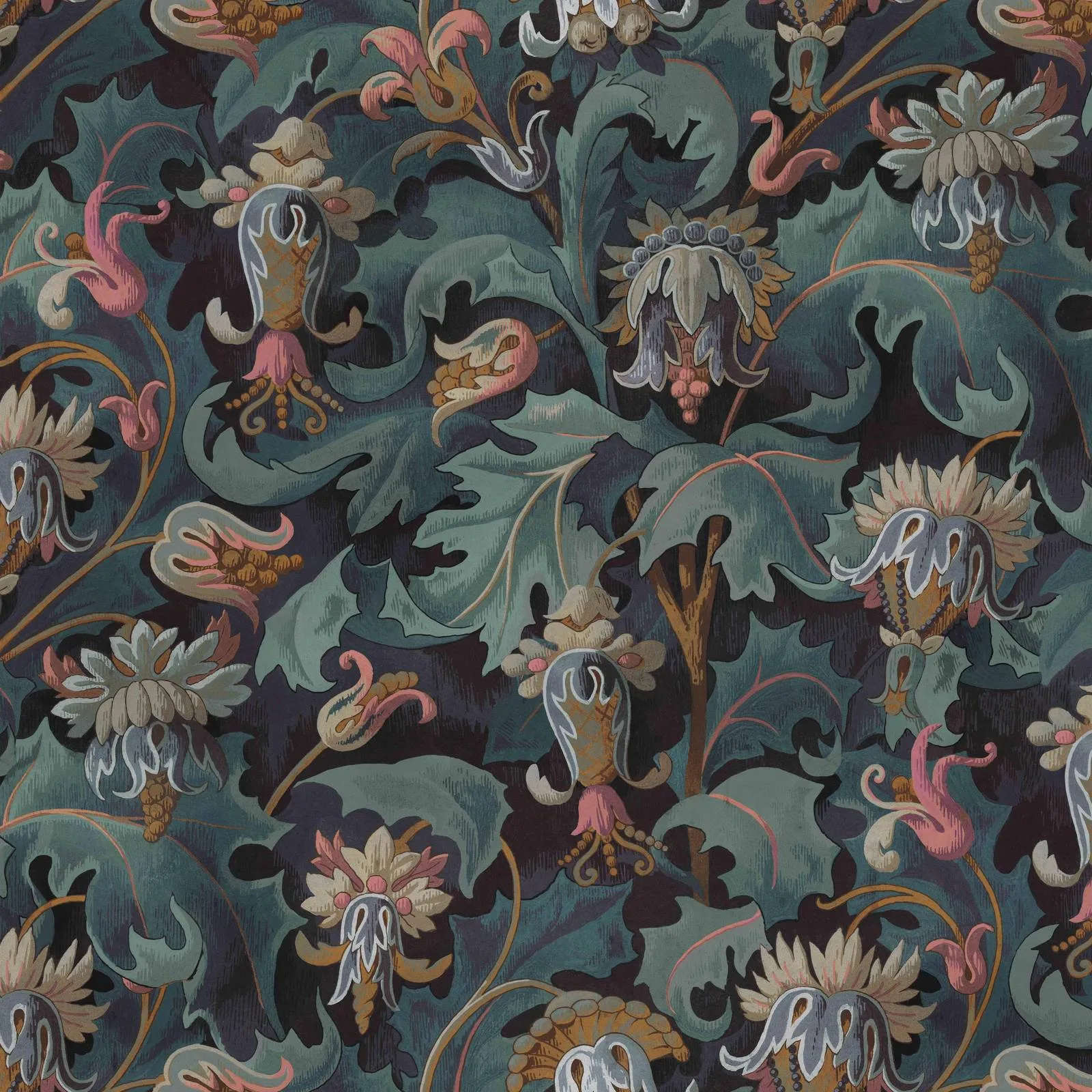 House of Hackney Vespertine wallpaper in Apatite, blooms and foliage in apatite
