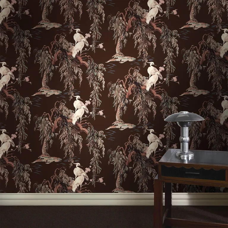 House of Hackney Zeus wallpaper in Carob, birds and trees in carob