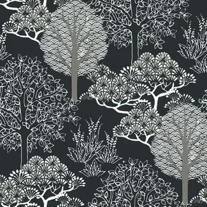 Inspired by Color Kimono Trees wallpaper, color Black Metallic, SKU BW3852