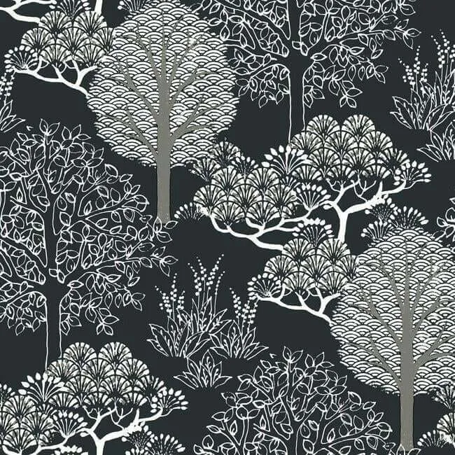 Inspired by Color Kimono Trees wallpaper, color Black Metallic, SKU BW3852