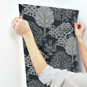 Inspired by Color Kimono Trees wallpaper, color Black Metallic, SKU BW3852