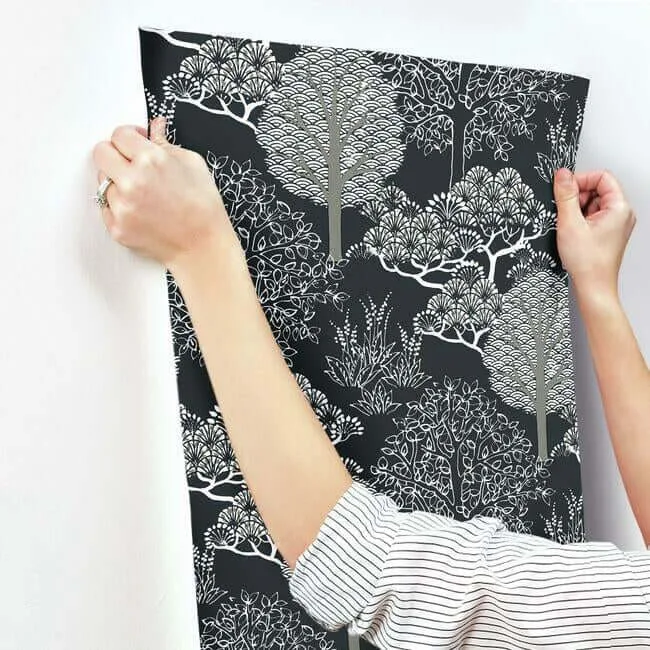 Inspired by Color Kimono Trees wallpaper, color Black Metallic, SKU BW3852